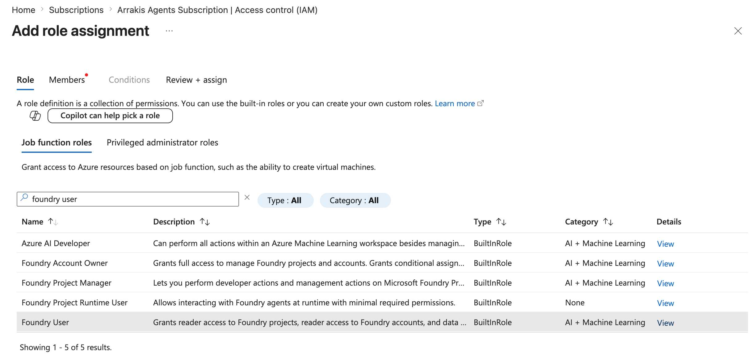 Role selection tab with Foundry User highlighted under Job function roles