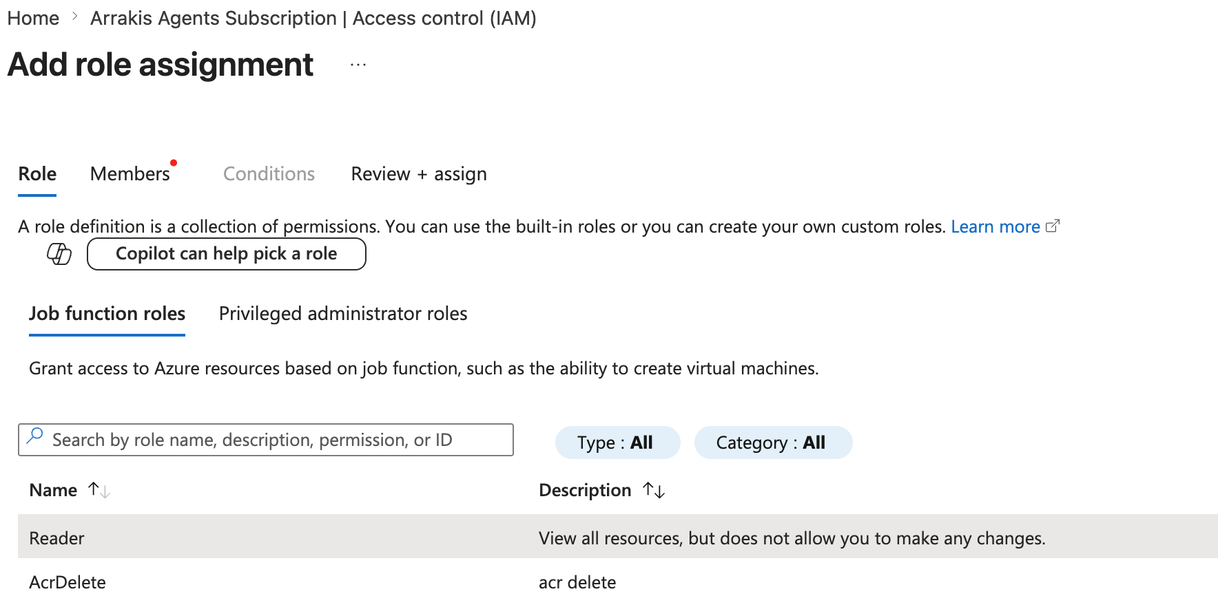 Role selection tab with Reader highlighted under Job function roles