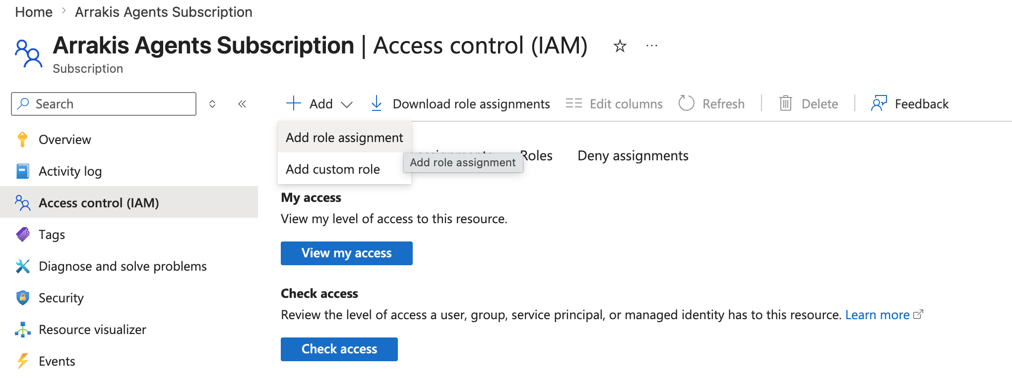 Subscription IAM page with the Add menu open and Add role assignment highlighted