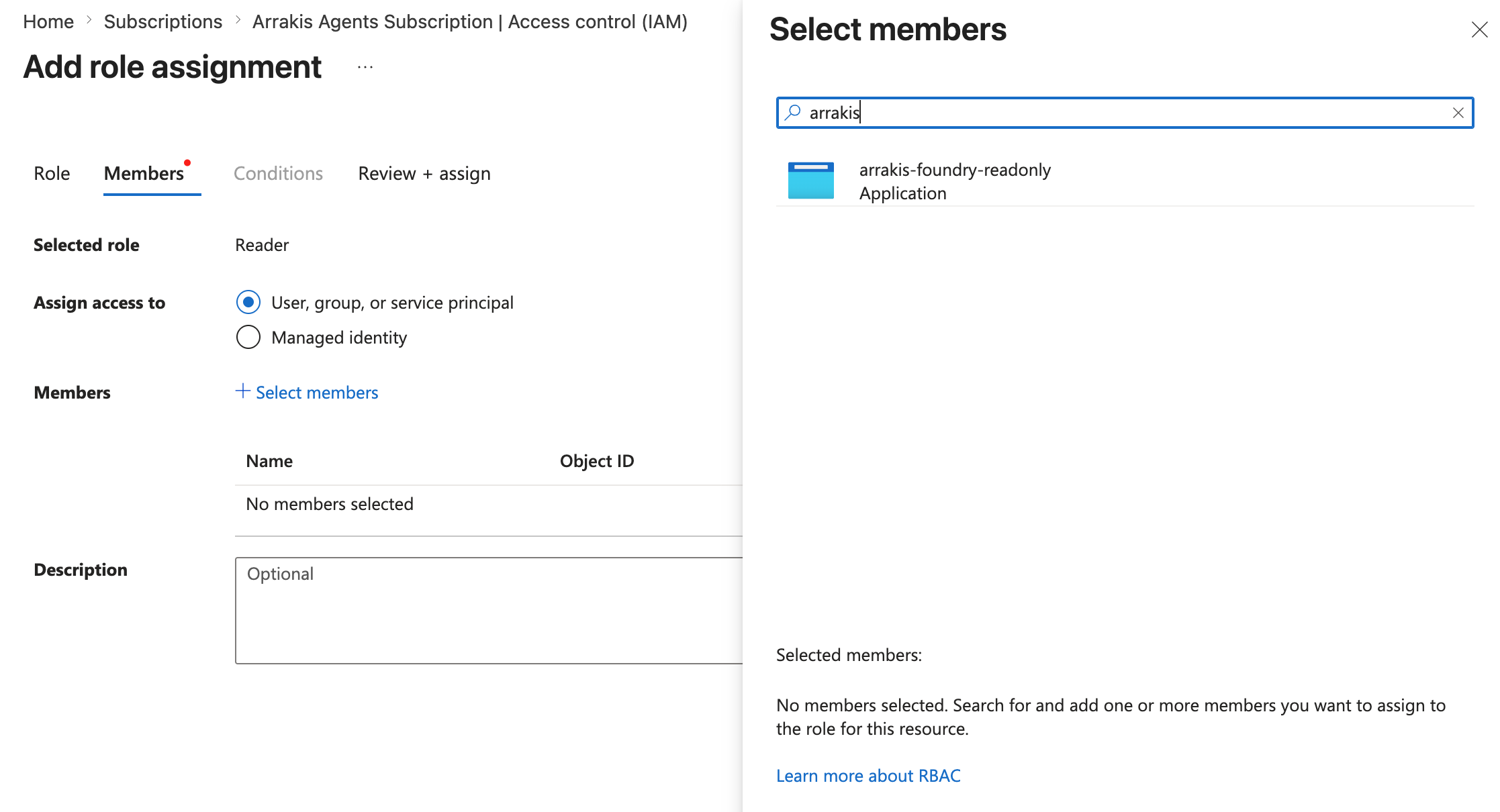 Select members pane with arrakis-foundry-reader typed into the search box and the matching service principal selected