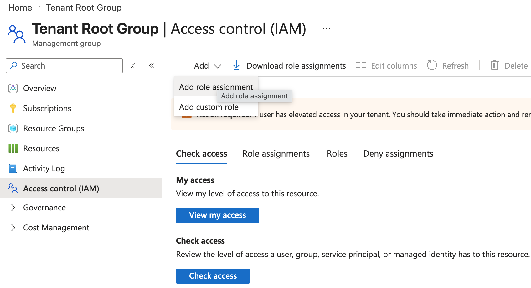 Management group Access control IAM page with the Add role assignment button highlighted