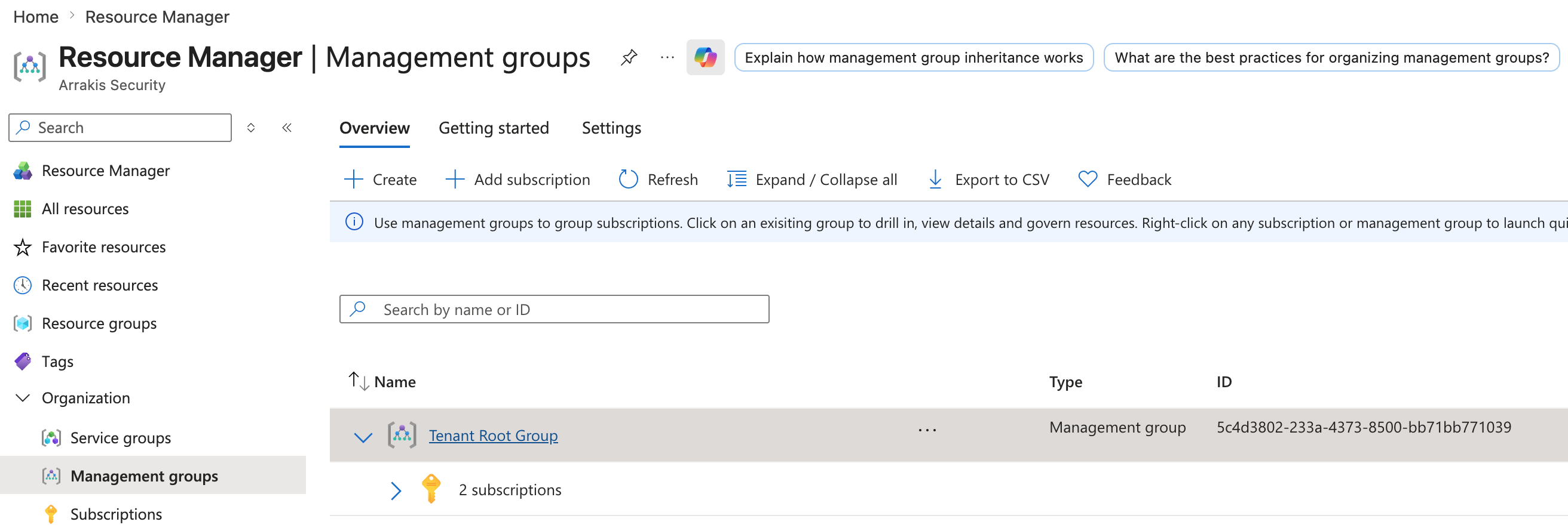 Management groups page listing the tenant's groups and the subscriptions nested under each