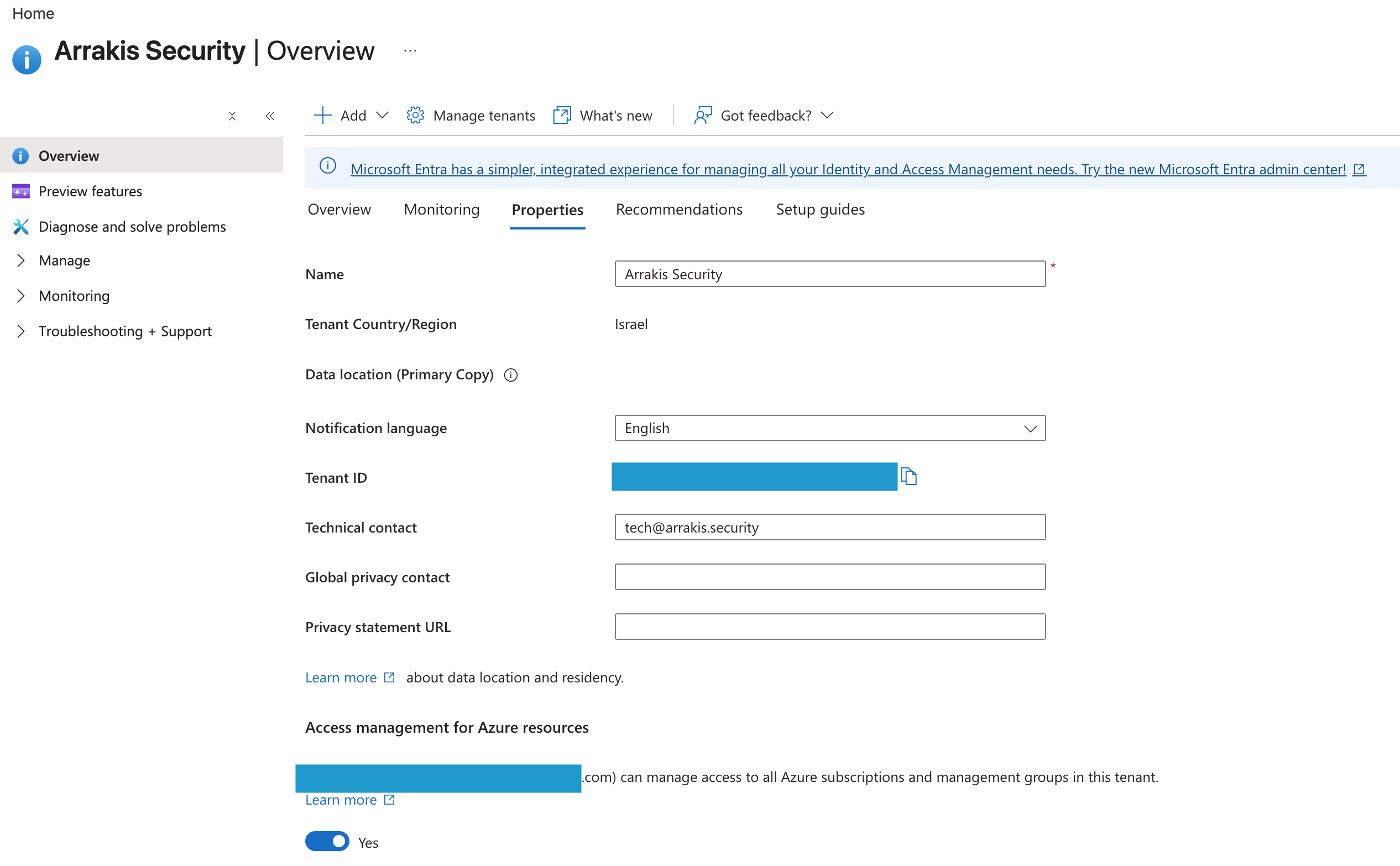 Microsoft Entra ID Properties page with the Access management for Azure resources toggle set to Yes