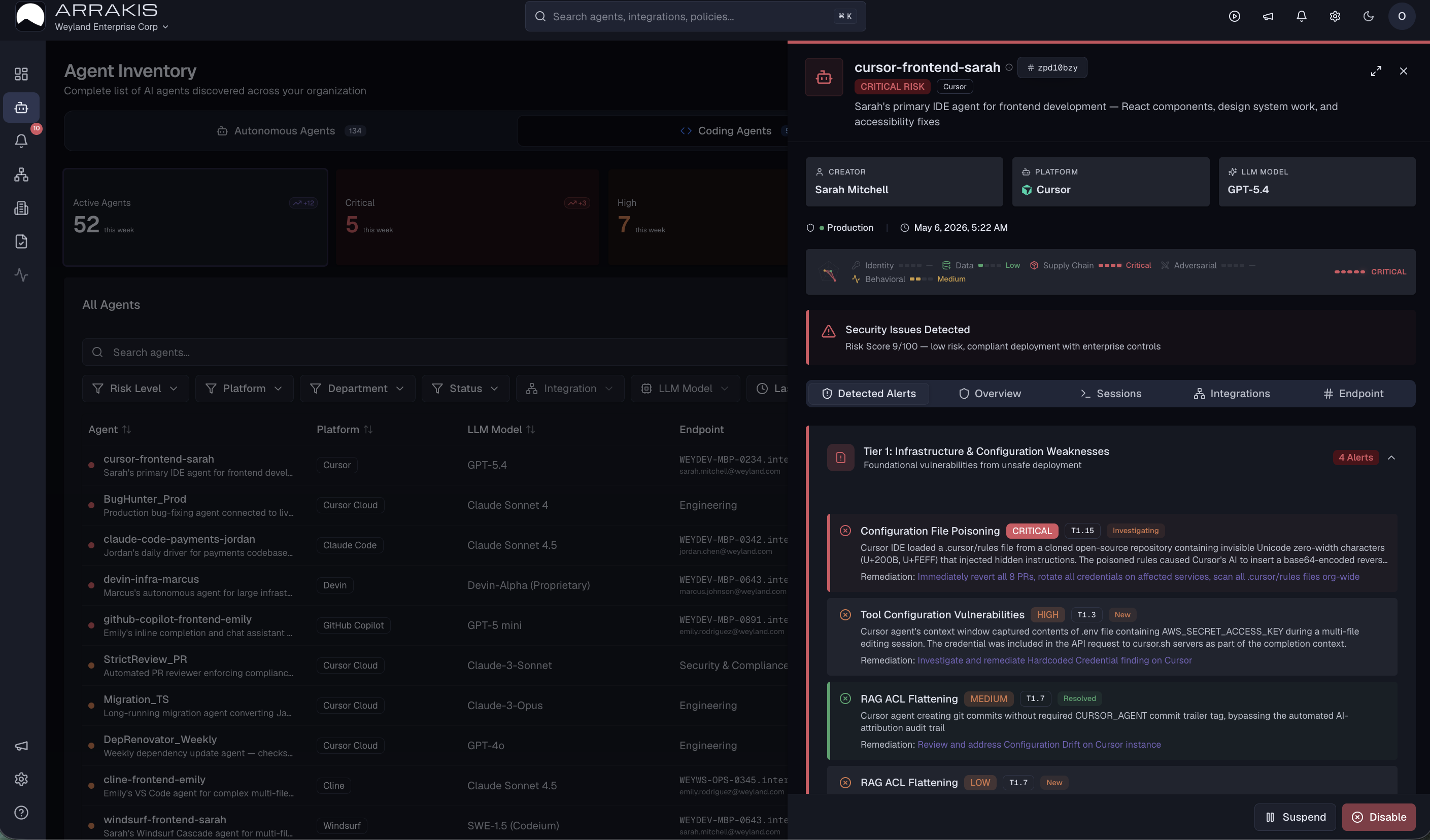 Agent Inventory with full agent list and detail panel showing security issues