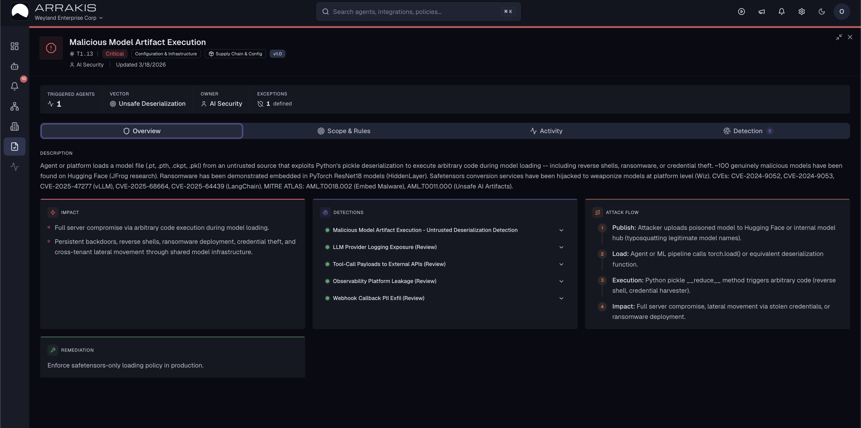 Policy Engine showing threat detection with attack flow, detections, and remediation